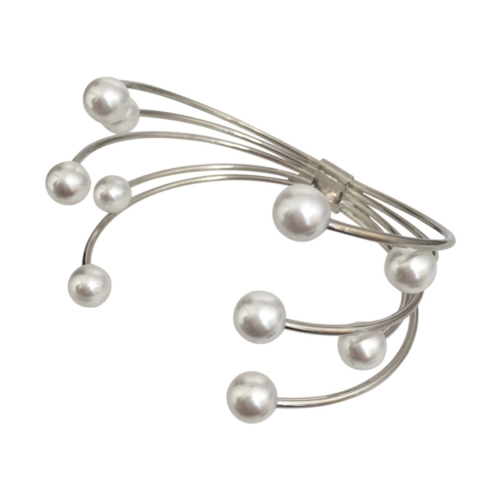 Silver Tone Wire Pearl Tip Cuff Bracelet